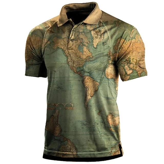 

Men's Collar Polo Shirt Golf Shirt Map Turndown Green Purple Light gray Red Casual Daily Short Sleeve Button-Down Clothing
