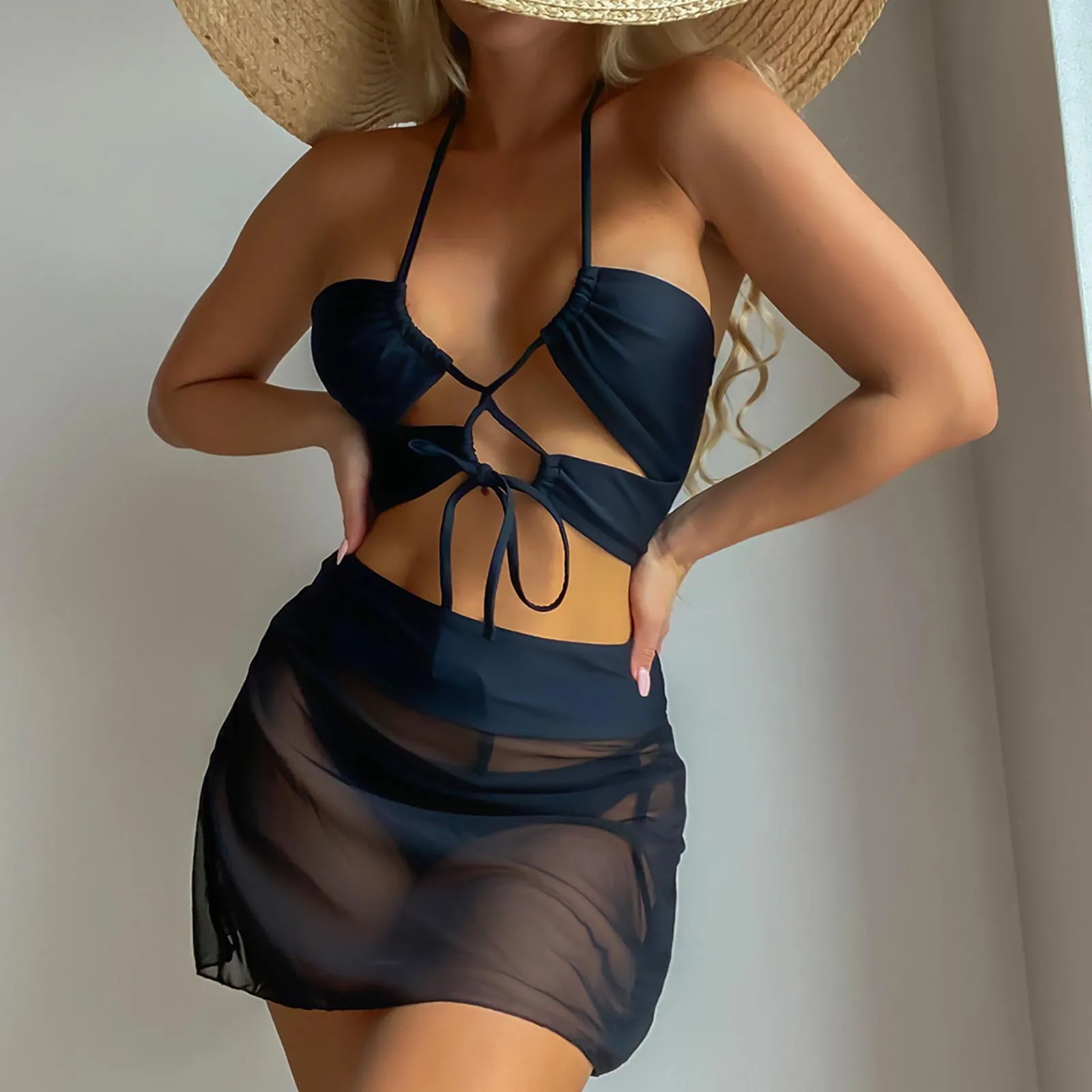 

Three-piece Solid Lace-up Waist Swimsuit High Chest Color On Sexy With Straps Women's Swimwears Swimwears Crochet Bikini 2022