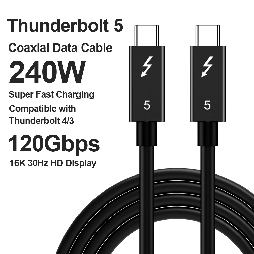 Фото Кабель для передачи данных Thunderbolt 5/4/3, 240 Вт, 120 Гбит/с, 5А, USB-C Type-C, для быстрой зарядки iPhone 15/16/17, Air, SSD, планшетов, ноутбуков, MacBook №1