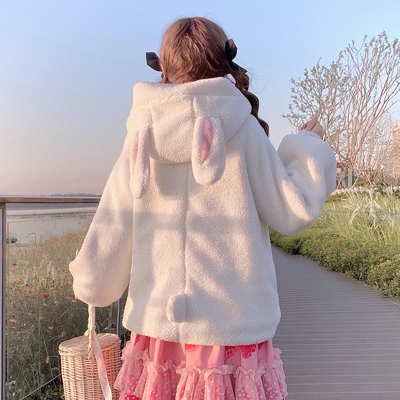 Anbenser Women Lolita Coats Japanese Sweet Autumn Winter Rabbit Ears Warm Soft Plush Cute Cat Kawaii Hooded Jackets Outwear