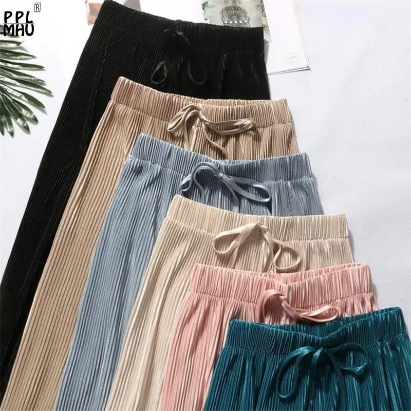 

2023 Summer Ice Silk Wide Leg Pants Women Casual Thin Stripe Sashes Baggy Pantalones Ankle Length Elastic Waist Straight Pants