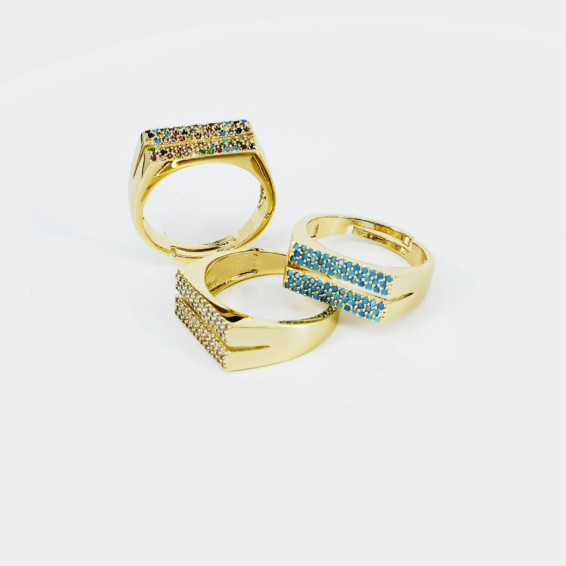 

2023 New Hip Hop Fashion Ring with Two Rows of Zircon Plated Gold Opening Ring, Simple and Trendy Style Jewelry