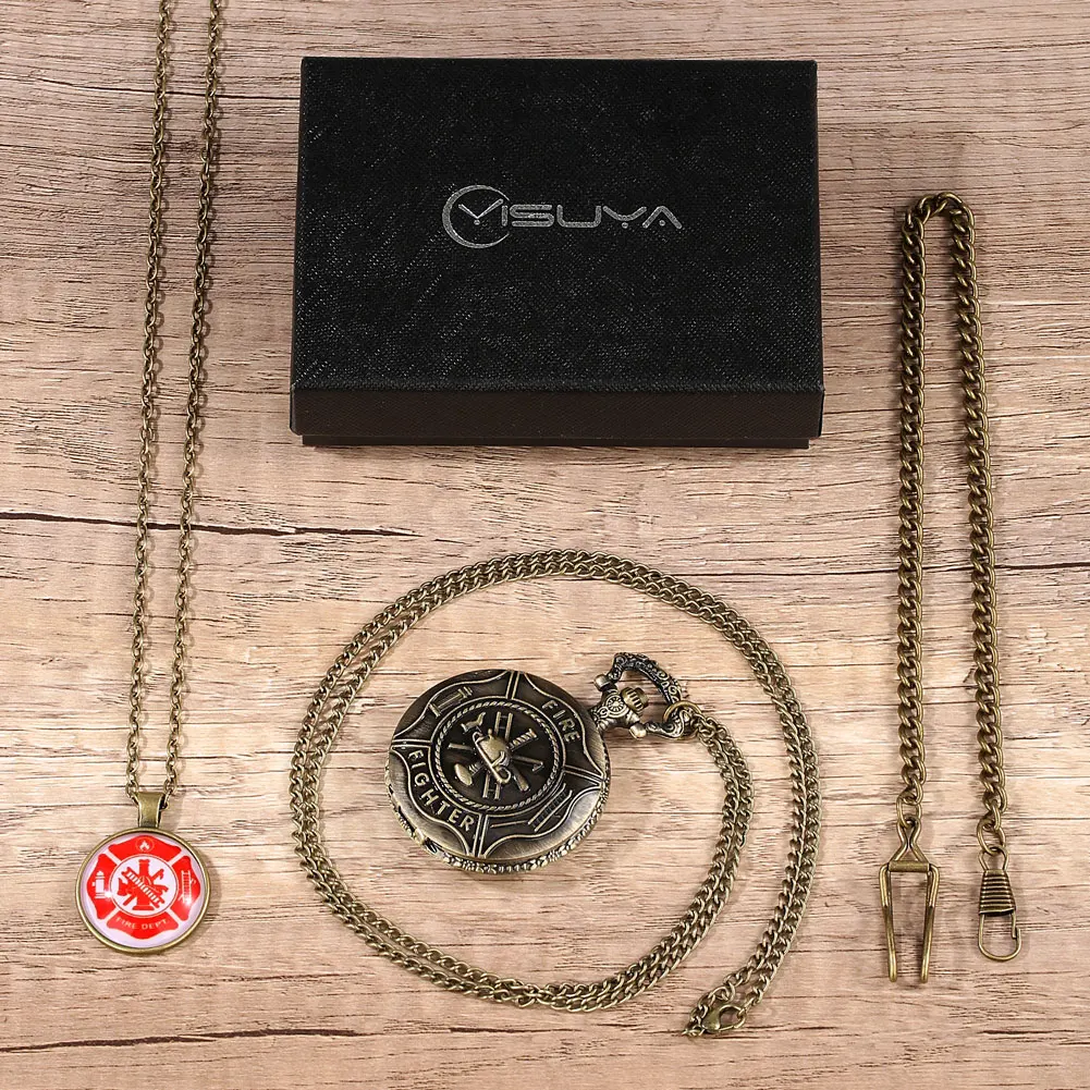 Bronze Pocket Watch Necklace Men Fire Sign Best Souvenir Gift for Firemen Red Pendent Steampunk Pocket Watch Fob Chain Clock