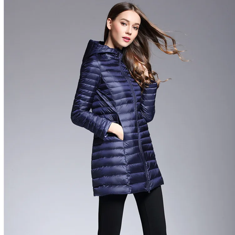 Women's Long Down Jacket Autumn Winter Fashion Light Midi Long Hooded White Duck Down Jacket Korean Style Windbreaker Down Coats
