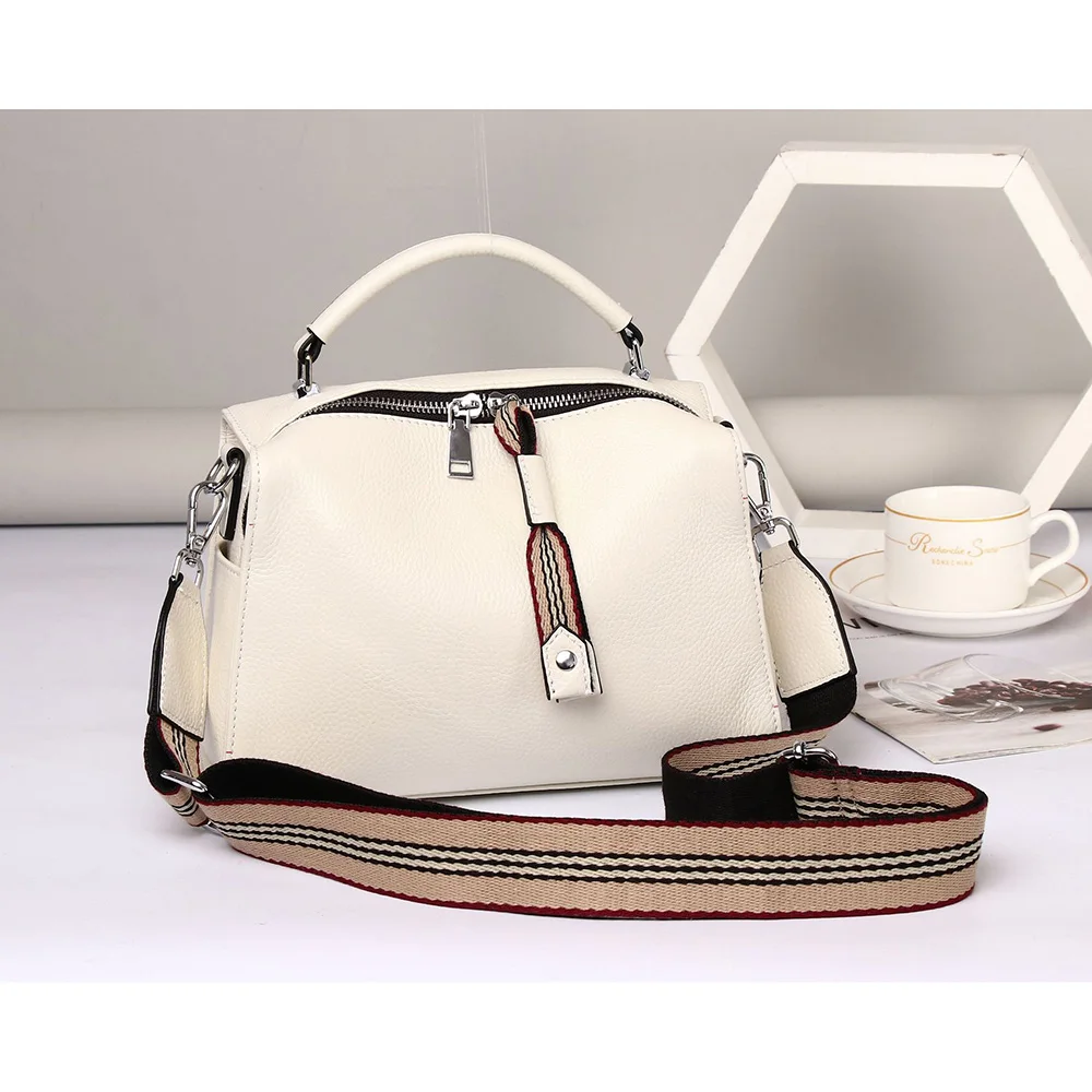 Fashion Trend Genuine Leather Woman Handbag Purse Wide Striped Strap Shoulder Bag High Capacity Boston Bags Female Crossbody Bag