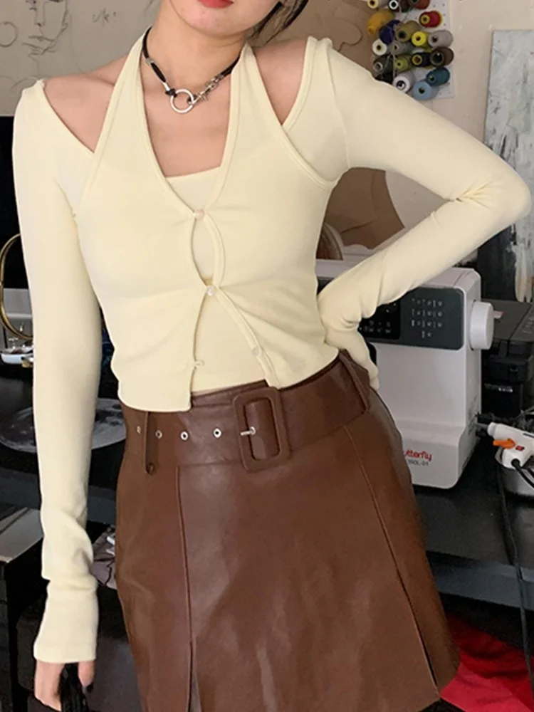 

Harajuku T-shirt Long Sleeve Fake Two Pieces Tops Punk Crop Tops Gothic Women Clothes Casual Streetwear Tee Tops 2022 Y495