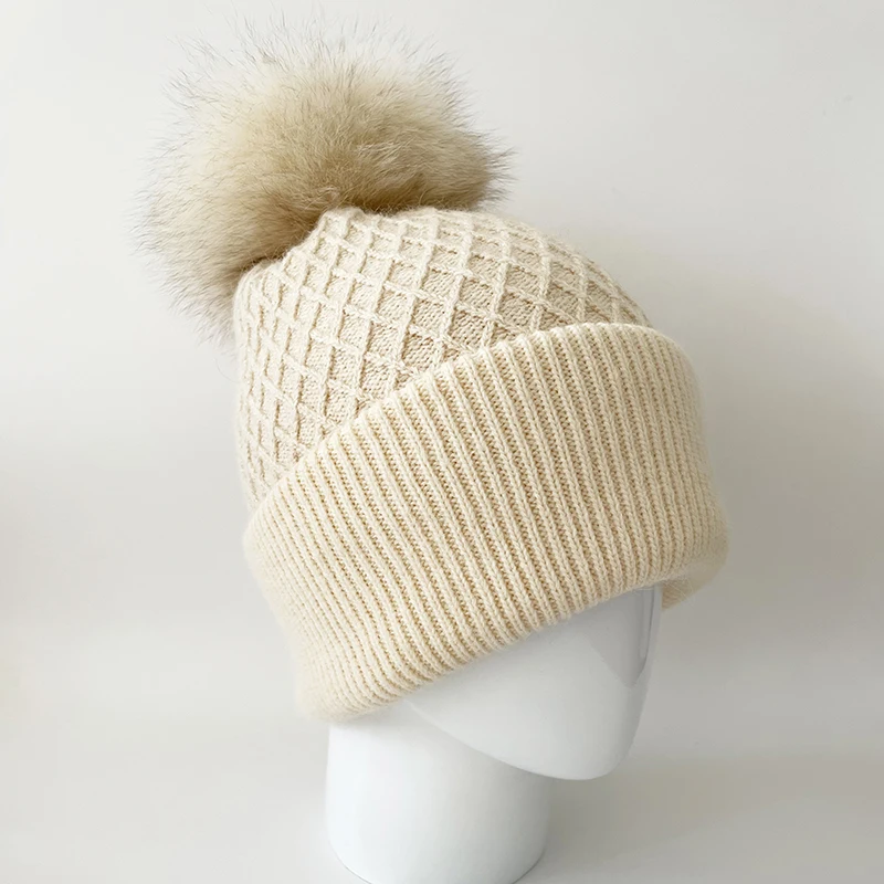 

Hat Women Winter Angora Knit Beanie Real Fur Pompom Autumn Warm Double Layers Rhinestone Skiing Accessory For Outdoors Luxury