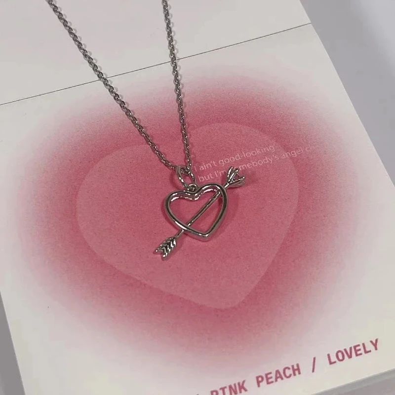 

Y2K Cupid Love Pink Crystal Heart Necklace Women Light Luxury One Arrow Through The Heart Clavicle Chain Valentine's Day Gifts