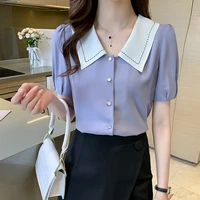 summer korean fashion chiffon turn down collar shirt women blouse puff sleeve elegant office lady top short sleeve camisas 669i