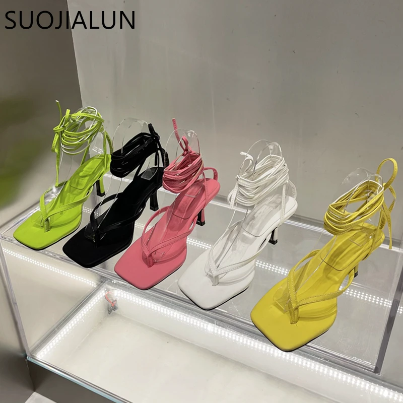 

SUOJIALUN 2022 Fashion Brand Women Sandal Narrow Band Cross-tied Lace Up Ladies Gladiator Shoes Thin High Heel Dress Party Shoe