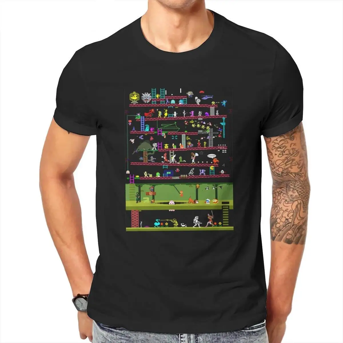 Men T-Shirts 50 Video Game  Vintage 100% Cotton Tees Short Sleeve Arcade Game Collage FC Console T Shirt O Neck Clothes Summer