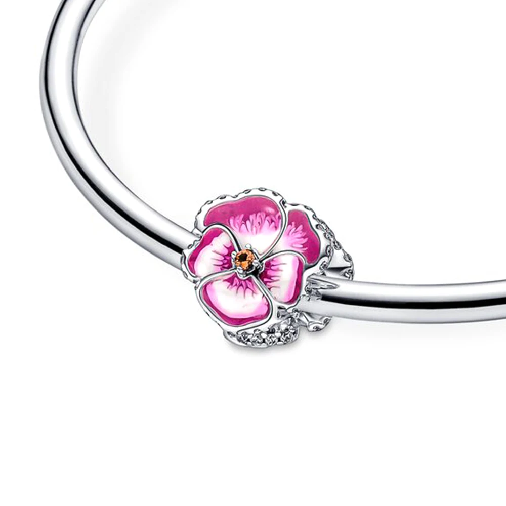 Pandora-Bracelet à breloques fleur de pansy pour femme, bleu, violet, rose, cadeau de bricolage exécutif, fête d'anniversaire