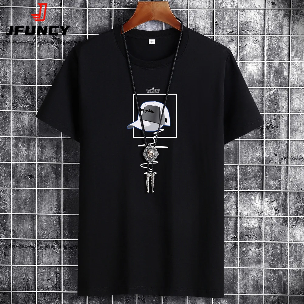 

JFUNCY 2022 Summer Men Tops Plus Size S-6XL Loose O-Neck Short Sleeve Cotton Man Tshirt Fashion Print Men's Casual T-shirts