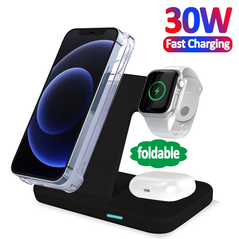 

30W Wireless Charger 3 In 1 Qi Fast Charging Holder Stand For iPhone 13 12 11 Pro iWatch Airpods pro 8 Samsung S21 S20 Xiaomi LG