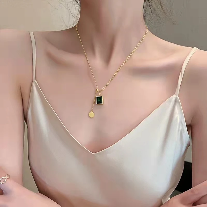 

Women's Irregular Titanium Steel Necklace Green Gem Pendant Fashion Trend Advanced Design Jewelry Birthday Holiday Gift