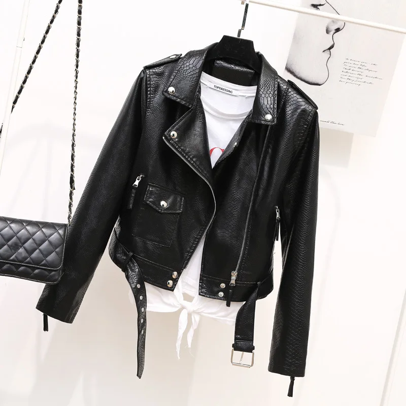 

Grain leather women's 2023 spring new lapel belt leather jacket epaulette short motorcycle slim coat