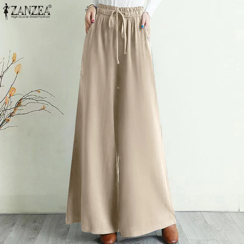 

ZANZEA Women High Waist Wide Leg Pants Vintage Trousers Spring Solid Loose Cotton Long Pantalon Casual Harem Palazzo Oversized