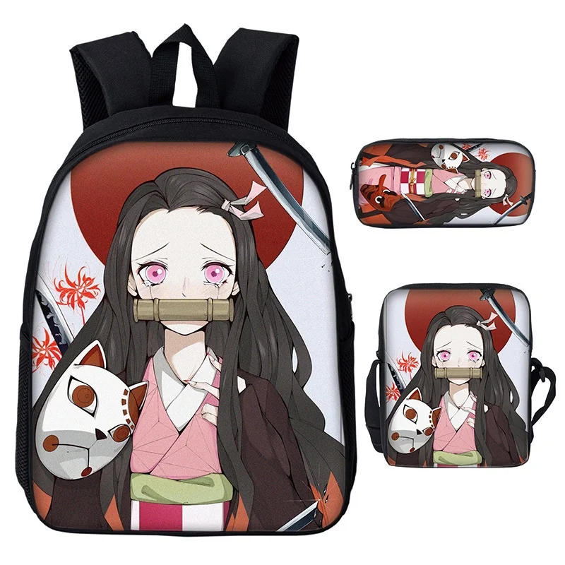 New Children Girls Boys Anime Backpacks 3 Piece Demon Slayer Nezuko Tanjirou Shoulder Bags 2022 Cute Kids Students Pen Bag Hot
