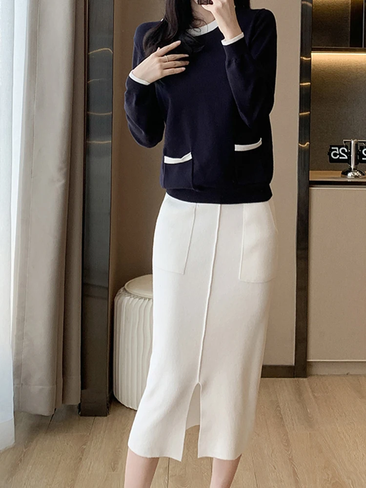 Высококачественный вязаный свитер с круглым вырезом + юбка разрезом комплект из