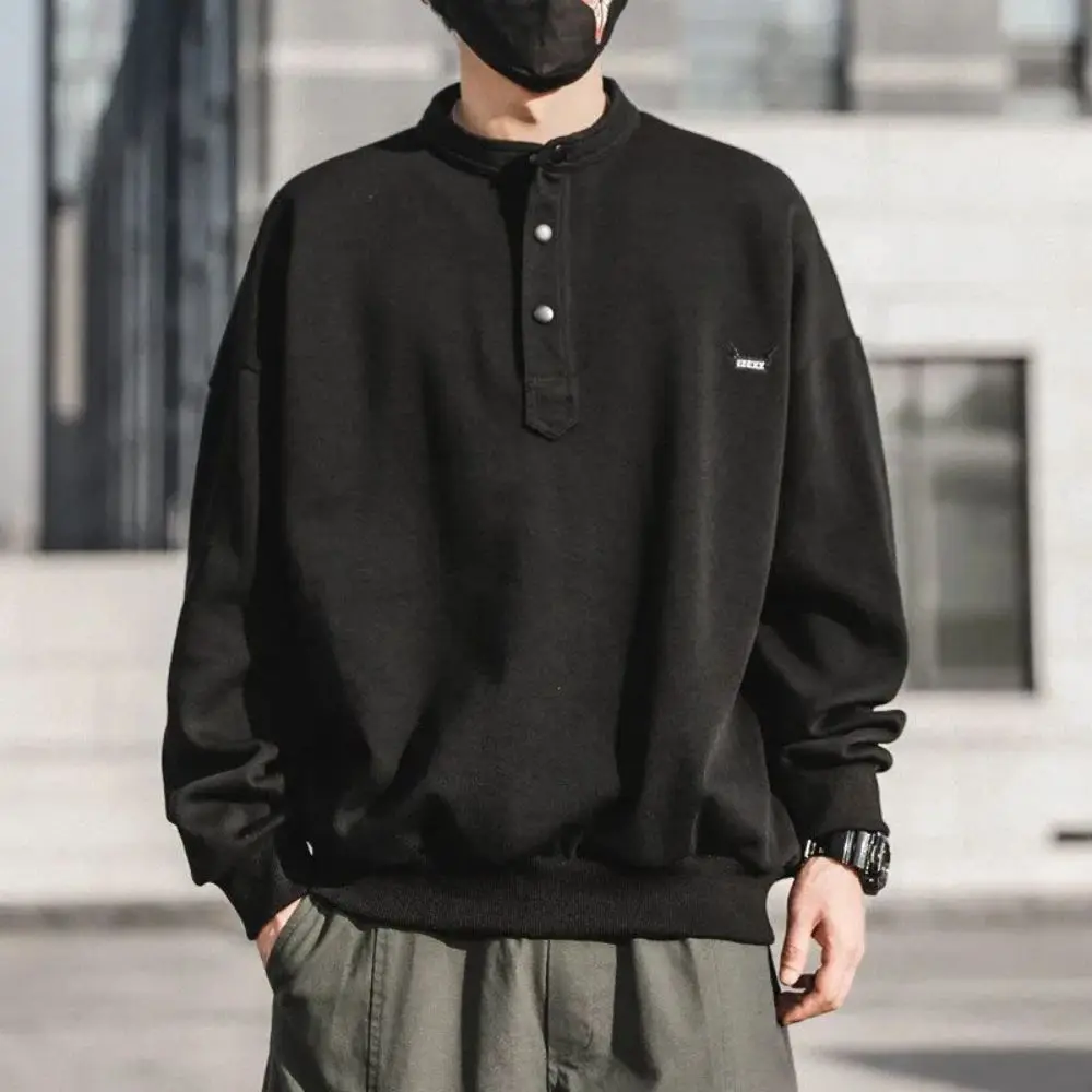 

Korean Loose Fashion Casual O neck Solid Fleece Pullover Tops Men Oversized Streetwear Harajuku Button Polo Henry Collar
