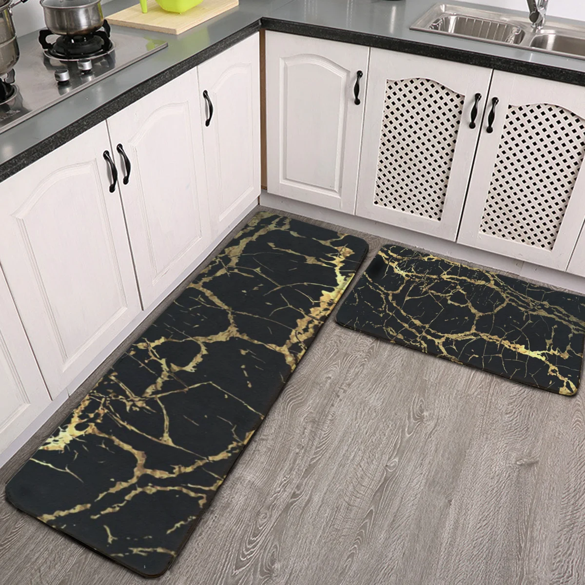 

Kitchen Mat Set of 2 Gold Black Marble Morden Stone Texture Anti Fatigue Waterproof Cushioned Soft Kitchen Rugs Non-Slip Comfort