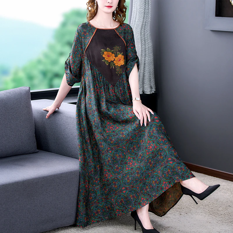

2022 New Floral Natural Silk Loose Wasi Maxi Dress Women Korean Vintage Casual Dresses Summer New Elegant Party Evening Dresses