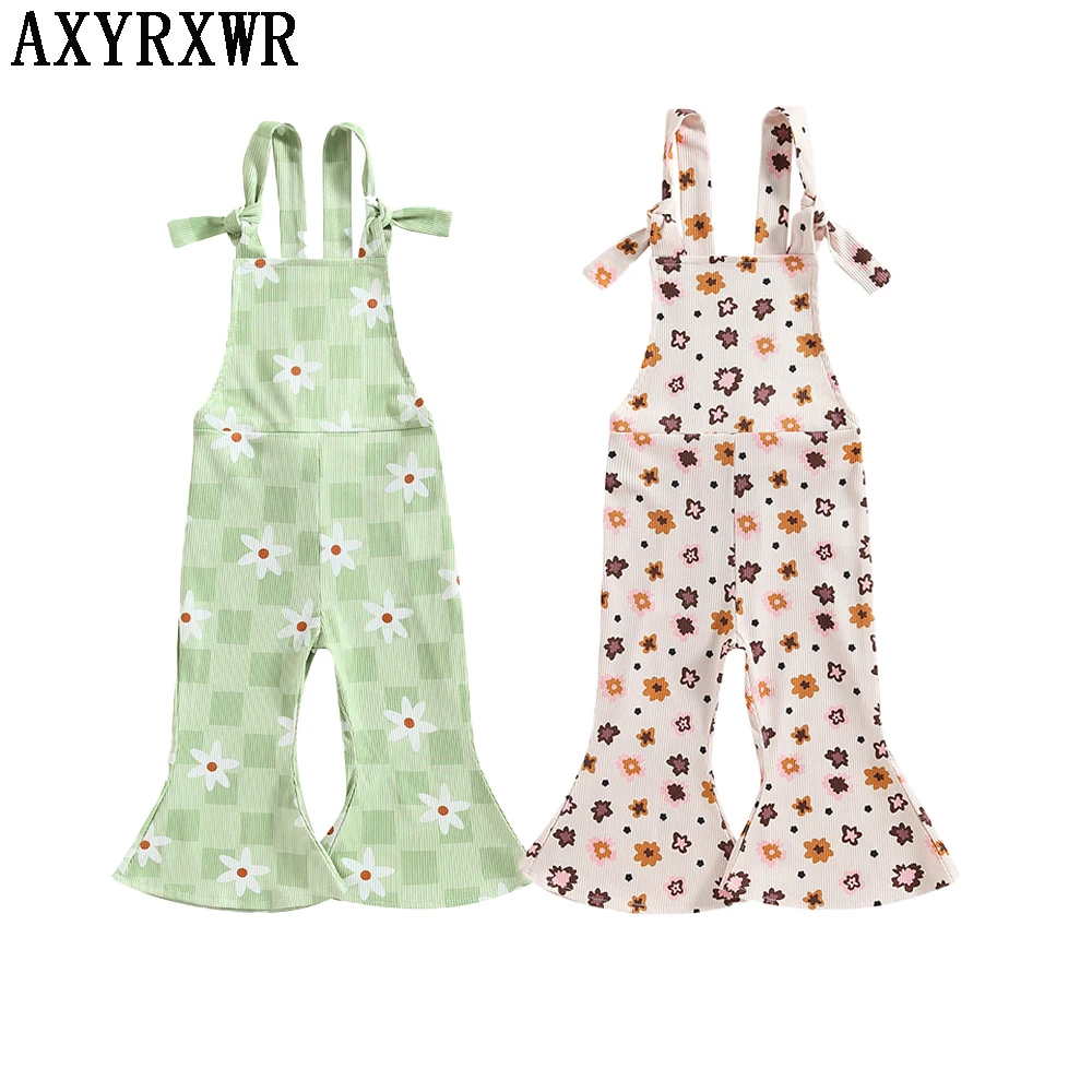 

Lovely Summer Children Kids Girls Jumpsuits Clothes Ribbed Floral Print Sleeveless Backless Rompers Flare Long Pants 2 Colors