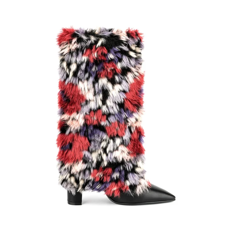 

2023 Newest Artificial Wool Flowers 11cm Thick Heel Pointed Knee Boots Rhinestone Cowboy Boots Silver Women's Shoes Size 35-44