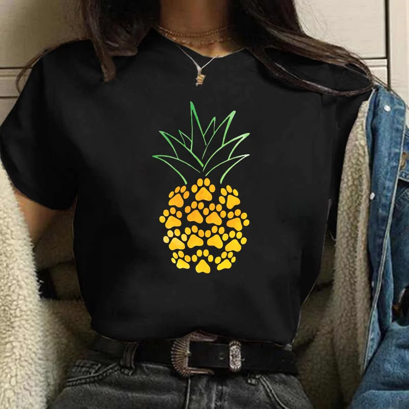 

New Kawaii Pineapple Dog Paws Printed Women Tops Cartoon Graphic Printed T Shirt Fashion O-neck Short Sleeve Female Tshirts Tees