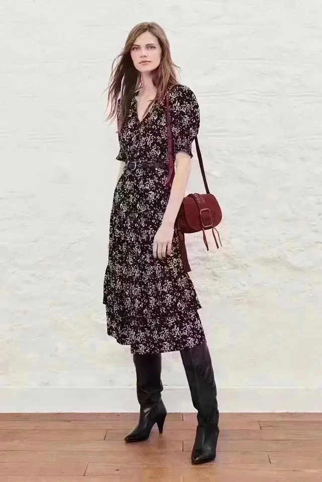 2023 Spring V-neck Floral Puff Sleeve Midi Dress New Style