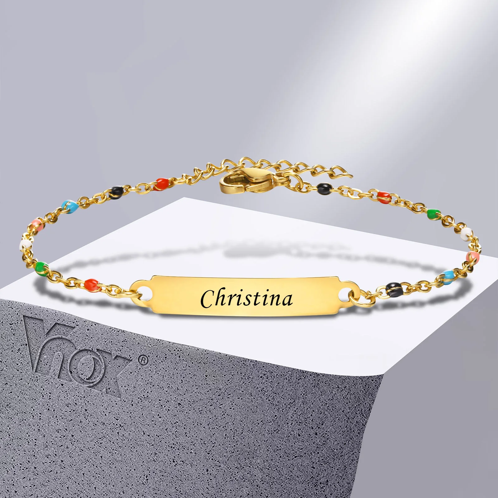 

Vnox Boho Women Bracelets, Customize Gold Color Stainless Steel ID Bracelets, Bohemia Colorful Summer Holiday Enamel Bracelets