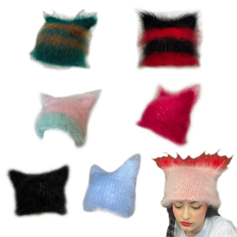

Girl Cartoon Cat Ear Knit Beanie Hat Y2K-style Party Hat Photo Props Hot Girl Cute Slouchy Crocheted Hat 066F