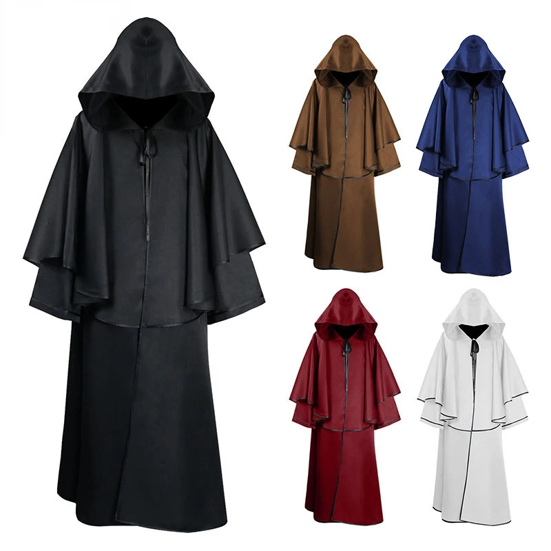 

Halloween Medieval Vampire Pastor Grim Reaper Hooded Cloak Robe Cosplay Costume Masquerade Clothes Red Black Blue White Brown