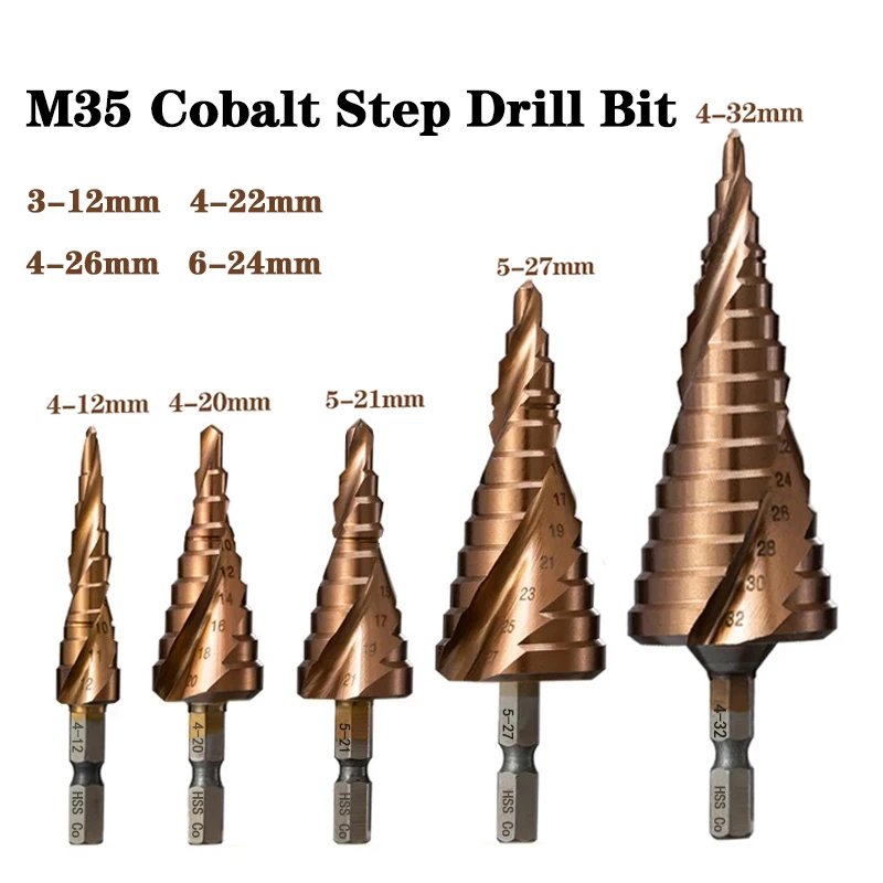 

Drill 5% Metal Hex Cobalt Cone Tool Drill Bit 3-12/4-12/4-20/4-22/4-32/4-26/5-21/5-27/6-24mm Cutter Hss-co Hole Step Shank