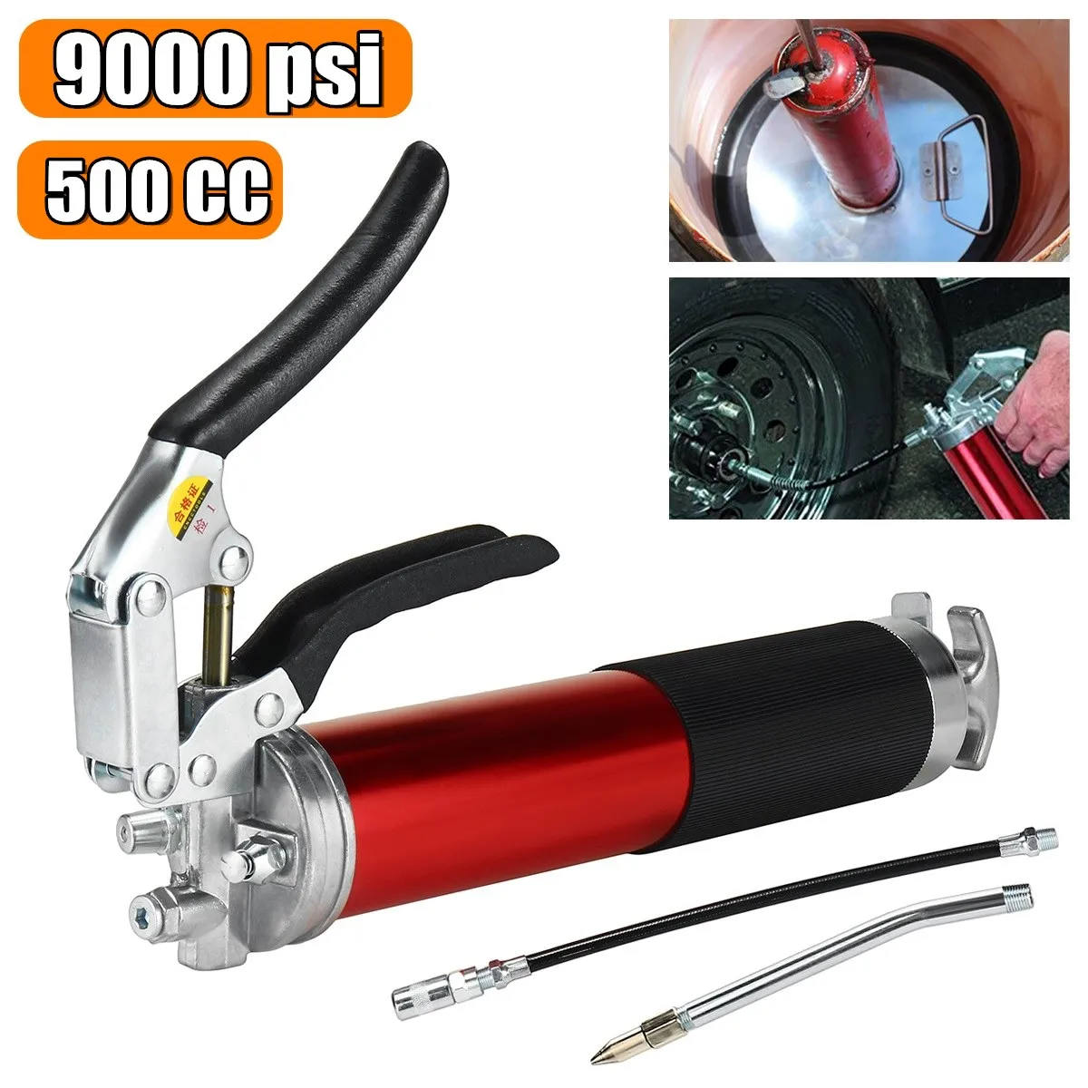 

9000psi 500cc High Pressure Manual Grease Gun Heavy Duty Pistol Grip 17oz Lubrication W/12" Flex Hose 7.1" Metal Extension
