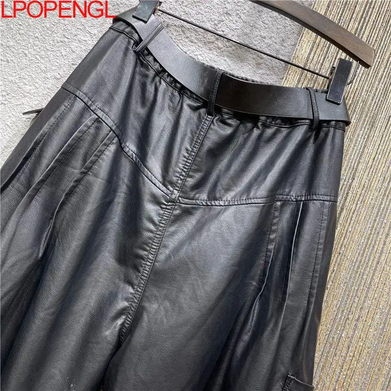 Spring Autumn New Elastic High Waist Loose Large Size Wide Leg Pu Leather Pants Women's 2022 Cool Streetwear Motorcycle Trousers images - 6