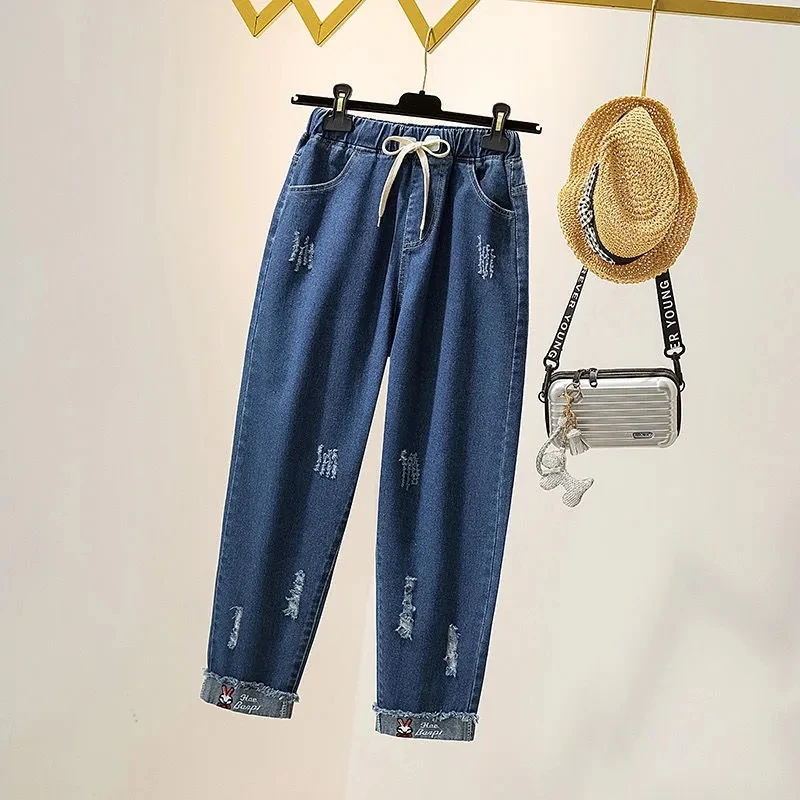 Vintage Ripped High Waist Harem Jeans Baggy Wide Leg Pants Women Capris Denim Pantalones Korean Fashion Vaqueros Casual Trousers