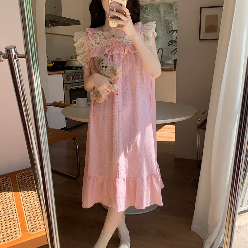 

Кружевная домашняя Милая простая ночная рубашка принцессы в стиле девушки в Корейском стиле женская модная одежда для сна в клетку в стиле Лали