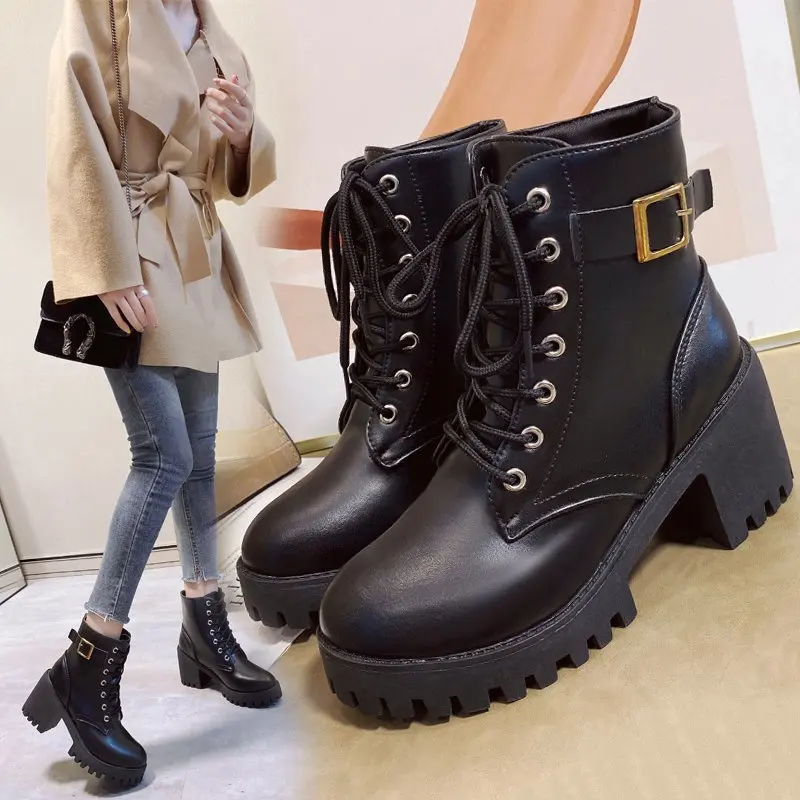 

2022 Martin Boots For Women Office Shoes Winter Warm Shoe Chunky Heel Belt Buckle Female Ankle Booties Fashion Black Short Boots