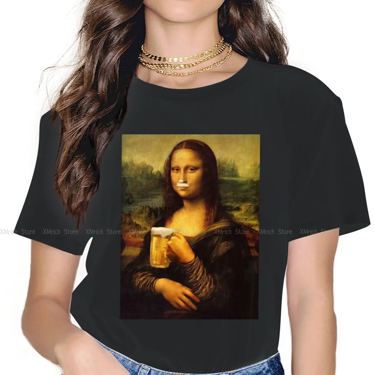 

Mona Lisa Dinking Female Shirts Beer Lover Father's Day Gift Loose Vintage Women Tshirts Harajuku Casual Feminine Blusas