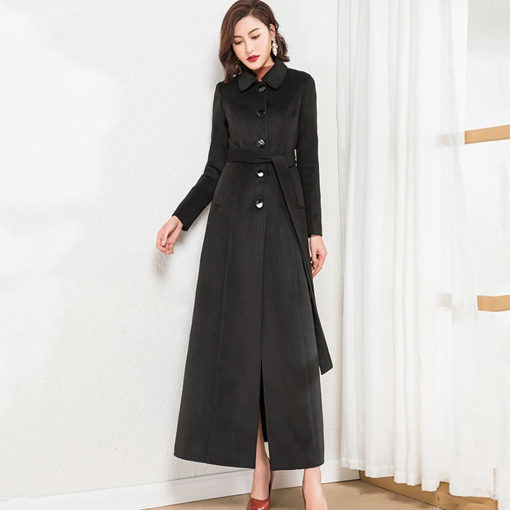 

New Women Long Woolen Coat Autumn Winter Vintage Hepburn Style Belt Slim Wool Blends Overcoat Classic Black Overlength Coat