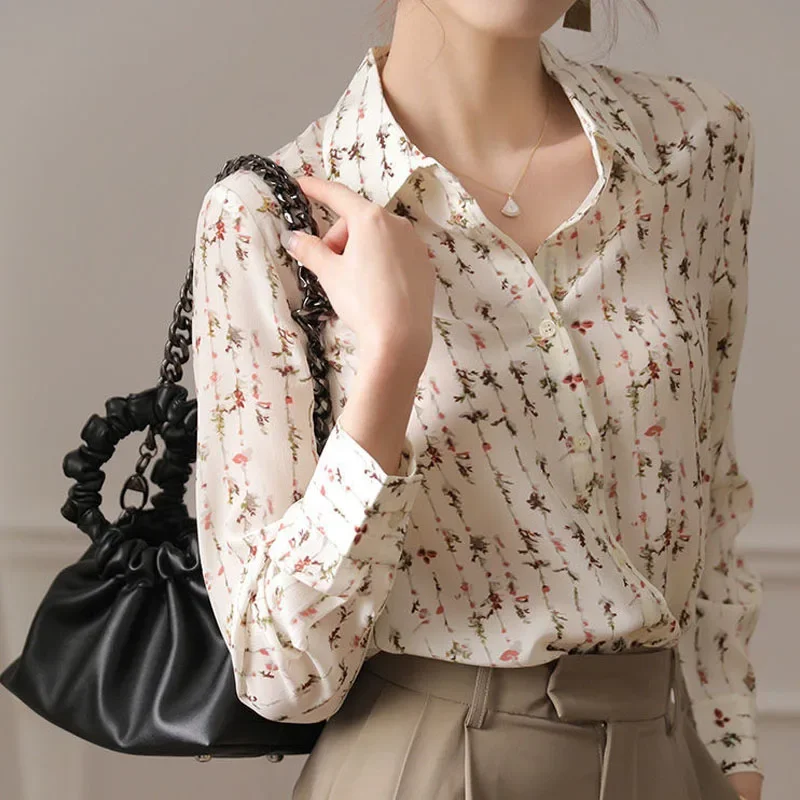 Элегантная модная женская шифоновая блузка на пуговицах с принтом универсальная