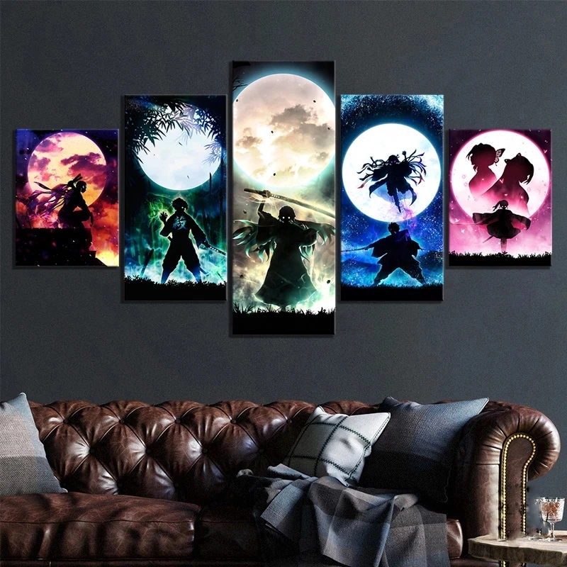 

HD 5 Pcs Prints Home Decor Characters Painting Demon Slayer Poster Wall Art Anime Canvas Modular Frame Pictures For Living Room