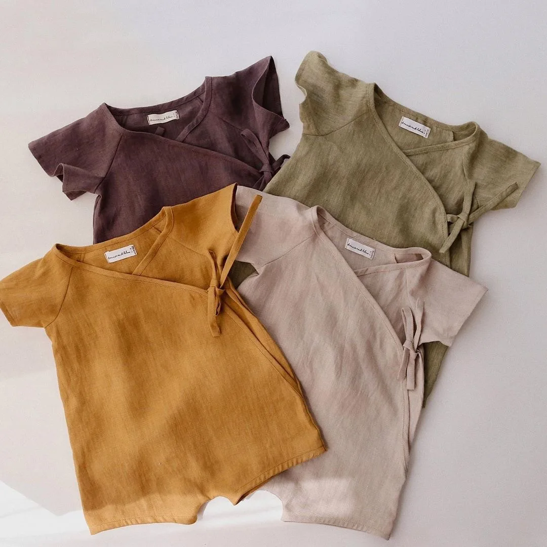 

Summer Cotton Linen KHAKI BOYS' Short Jumpsuit Short Monk Suit Newborn Baby Short Sleeved Japanese Kimono