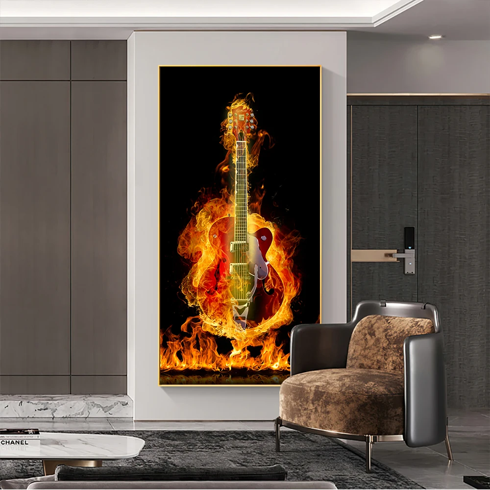 

Burning Fire Guitar Canvas Painting Modern Wall Art Pictures for Living Room Posters and Prints Home Decorative