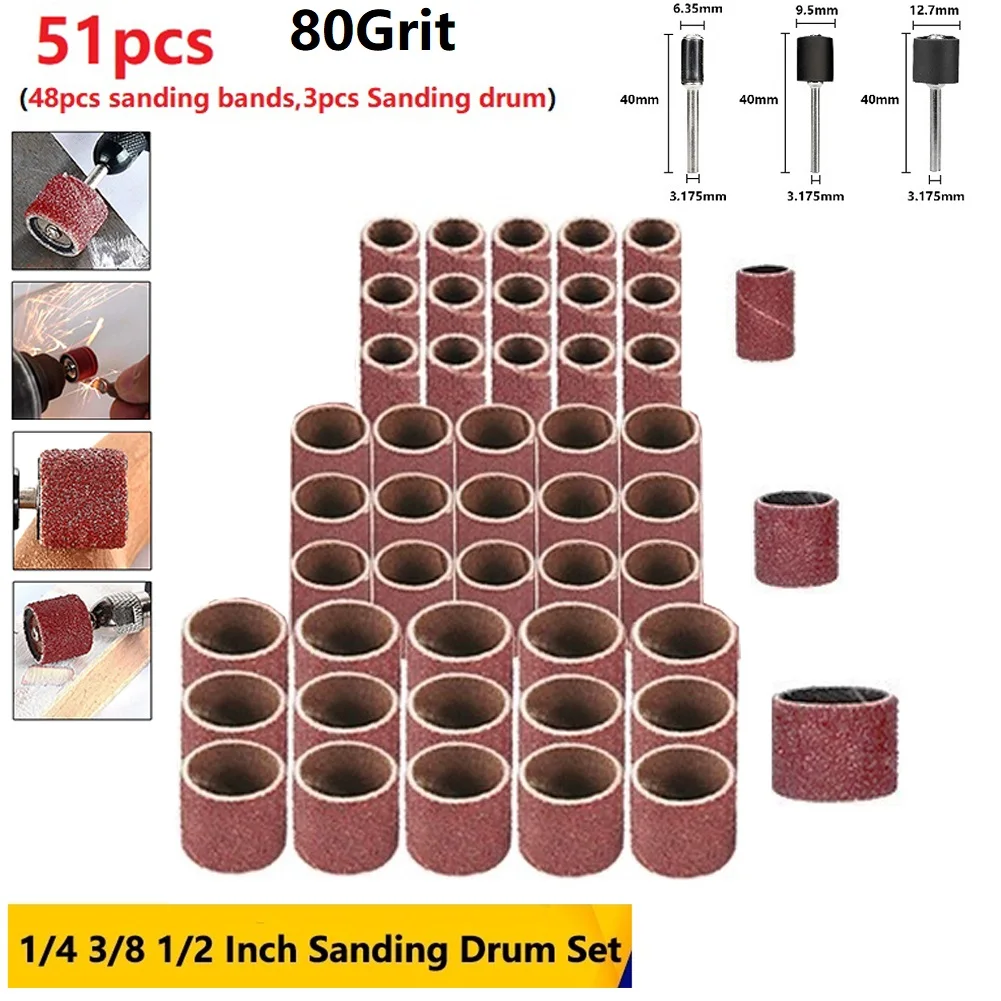 

51PCS Sanding Drum Set 80 Grit 1/4 3/81/2 Inch Rubber Drum Mandrels Drum Kit Carborundum Sanding Band Rotary Tool Abrasive Tool