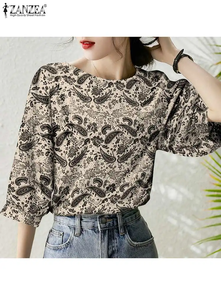 

ZANZEA Summer Women Bohemian Floral Printed Blouse Vintage O Neck 3/4 Sleeve Casual Holiday Shirt Loose Blusas Party Tops Tunic