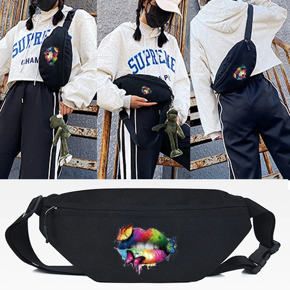 

Fashion Unisex Waist Bag Chest Bag Multi-pocket and Multiple Zipper Bag New Butterfly Lips Print Crossbody Shoulder Shopping Bag