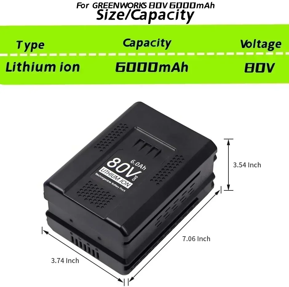 Фото Аккумулятор SU 80 В 6000 Ач ersatz для Greenworks 80 В значительно nke-ionen аккумулятор gba80200 gba80250 gba80400 gba80500 №1