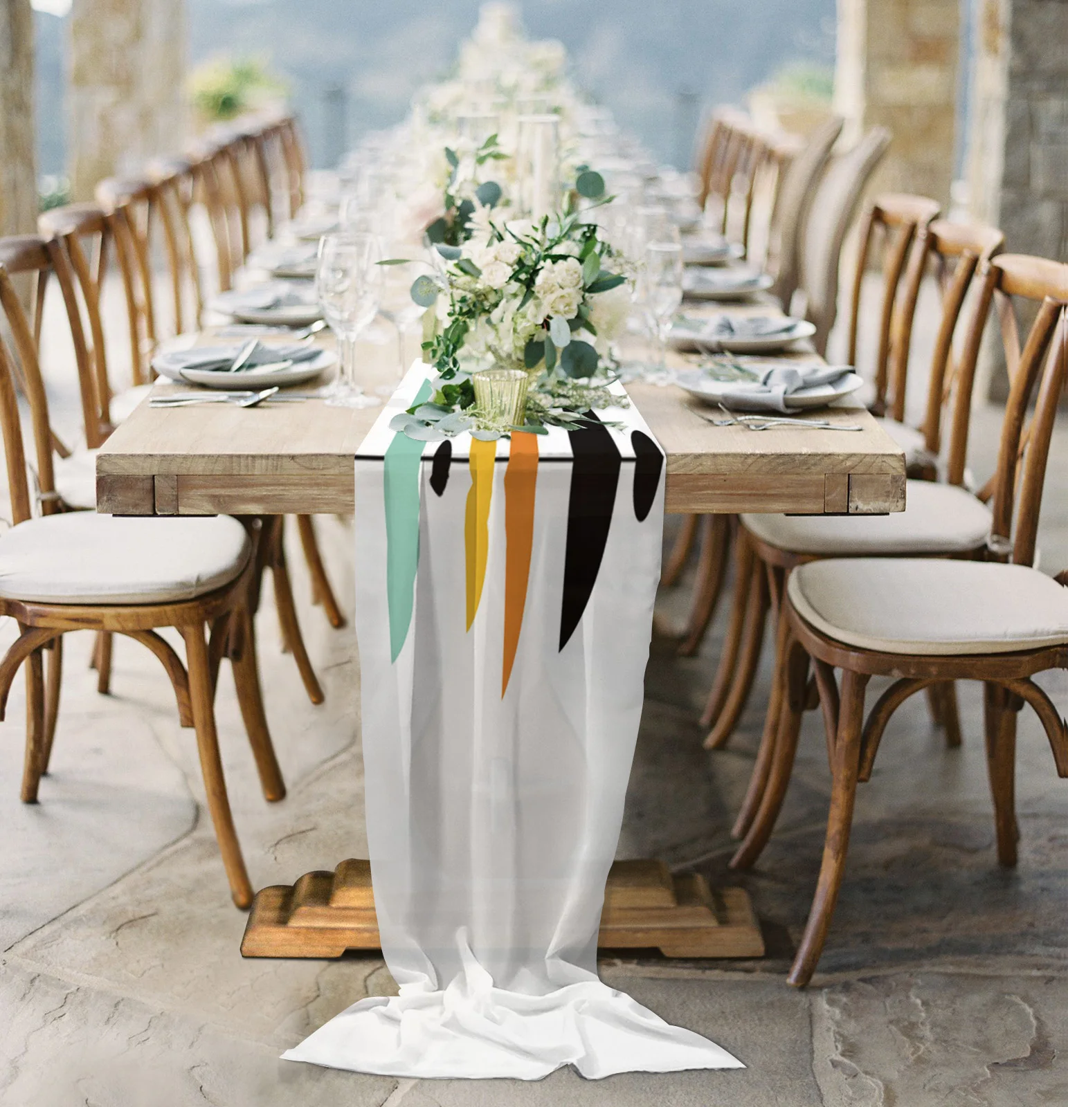 

Minimalist Modern Art Geometry Chiffon Table Runner for Wedding Celebration Banquet Festival Party Backdrop Decor